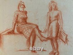 Beautiful Charcoal Drawing on Paper of Seated Woman 1950 Ancient Art Deco Portrait