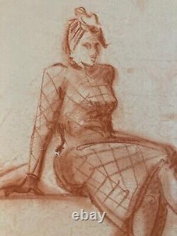 Beautiful Charcoal Drawing on Paper of Seated Woman 1950 Ancient Art Deco Portrait