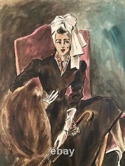 Beautiful Drawing 1945 Gouache on Paper Woman Hat Fashion Ready-to-Wear Art Deco