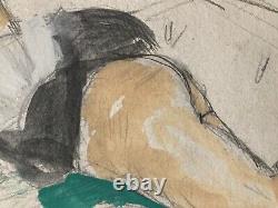 Beautiful Erotic Painting Gouache Voyeur On Paper Nude Woman Beach 1950
