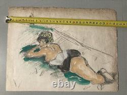 Beautiful Erotic Painting Gouache Voyeur On Paper Nude Woman Beach 1950