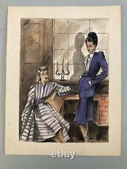 Beautiful Gouache Drawing on Paper Woman 1945 Fashion Hat Ready-to-Wear Art Deco