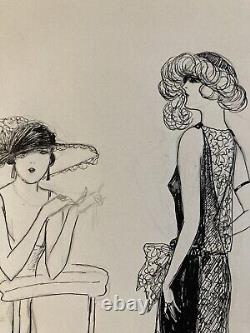 Beautiful Ink Drawing Art Deco 1945 on Paper Woman Collection Lily Greenham Fashion