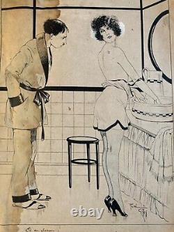 Beautiful Ink Drawing Pencil 1920 Art Deco Erotic Woman René GIFFEY Humour Deco