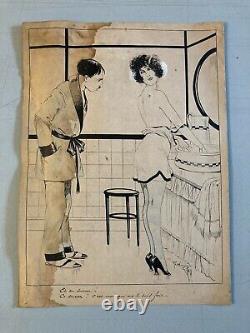 Beautiful Ink Drawing Pencil 1920 Art Deco Erotic Woman René GIFFEY Humour Deco