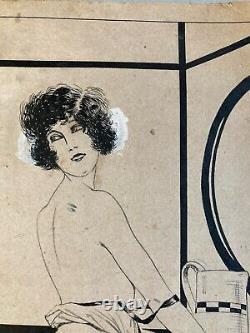 Beautiful Ink Drawing Pencil 1920 Art Deco Erotic Woman René GIFFEY Humour Deco