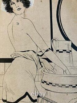 Beautiful Ink Drawing Pencil 1920 Art Deco Erotic Woman René GIFFEY Humour Deco