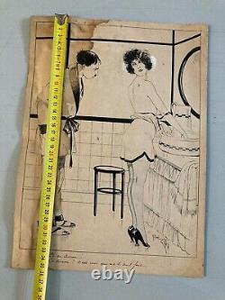 Beautiful Ink Drawing Pencil 1920 Art Deco Erotic Woman René GIFFEY Humour Deco