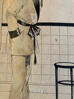 Beautiful Ink and Pencil Drawing 1920 Art Deco Erotic Woman René GIFFEY Humor Deco