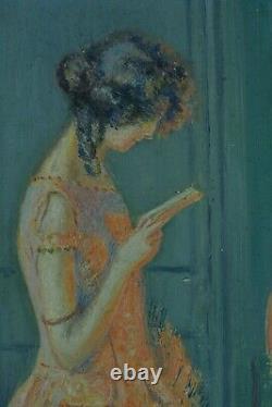 Beautiful Painting Ancien Art Deco De Jeune Femme Élegant Lisant Salon Sv Enjolras
