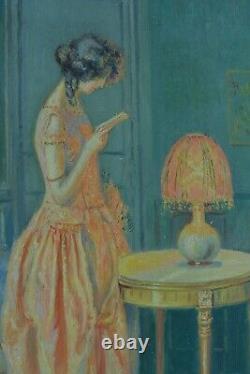Beautiful Painting Ancien Art Deco De Jeune Femme Élegant Lisant Salon Sv Enjolras