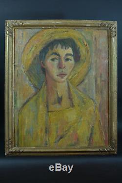 Beautiful Painting Portrait Young Woman In Hat Yellow Art Deco Expressionist 1930