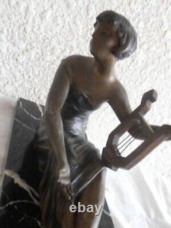 Beautiful Sculpture Art Deco 1920 On Marble Woman Musician Woman Musician Lyre