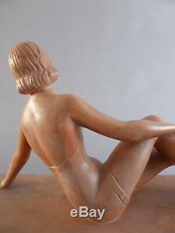Beautiful Sculpture Young Woman In Swimsuit S. Melani Plaster Art Deco Vintage