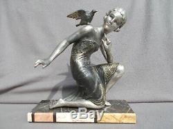 Big Sculpture Woman Bird Art Deco Uriano Vintage Spelter Big Figural Statue