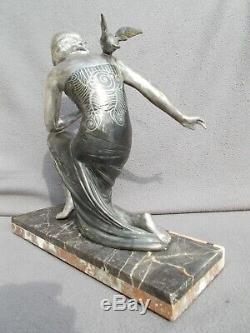Big Sculpture Woman Bird Art Deco Uriano Vintage Spelter Big Figural Statue