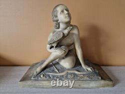 Bohumil Rezl Terracotta Sculpture Patinated Woman with Eagle Art Deco Statue