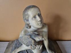 Bohumil Rezl Terracotta Sculpture Patinated Woman with Eagle Art Deco Statue