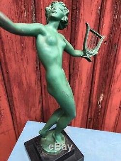 Bronze Art Deco Sign Fayral 1930 Naked Woman In La Harpe