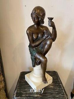 Bronze Art Deco Style Woman Sculpture on White Stone Base Early 20th Century