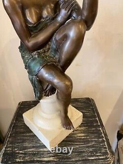 Bronze Art Deco Style Woman Sculpture on White Stone Base Early 20th Century