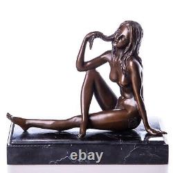 Bronze Nude Woman Sculpture Sitting on Black Marble Art Deco After Milo