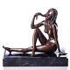 Bronze Nude Woman Sculpture Sitting On Black Marble Art Deco After Milo