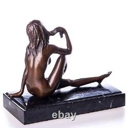 Bronze Nude Woman Sculpture Sitting on Black Marble Art Deco After Milo