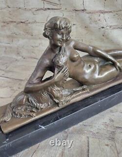 Bronze Sculpture Statue Art Deco Signed L. Bruns France Nude Woman With Her Dog