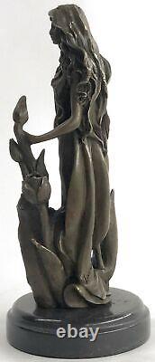 Bronze Sculpture Young Woman Gazes In Sky With Flower Art New Deco Decor