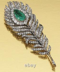 Brooch Art Deco Rose Cut Diamond Emerald 925 Silver Feather For Women