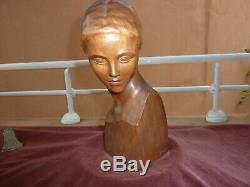 Bust Of Woman Art Deco In Wood Signed Gennarelli, H31cm, Very Good Condition