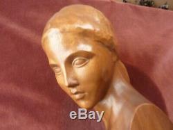 Bust Of Woman Art Deco In Wood Signed Gennarelli, H31cm, Very Good Condition