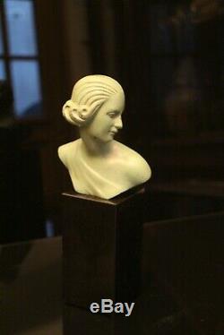 Bust Of Woman Art Deco Patinated Bronze Pedestal Black Onyx Signed Ouline