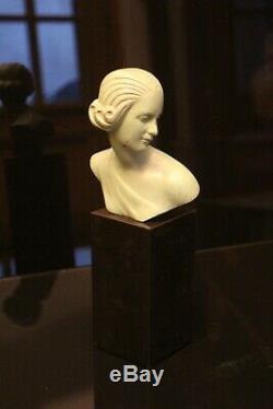 Bust Of Woman Art Deco Patinated Bronze Pedestal Black Onyx Signed Ouline