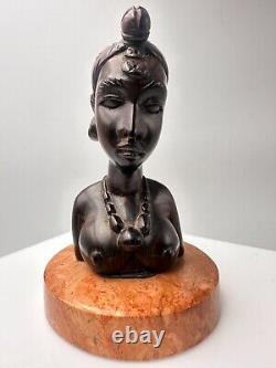 Bust of Africanist woman in Art Deco style in rosewood and marble