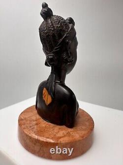 Bust of Africanist woman in Art Deco style in rosewood and marble