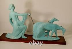 Ceramic Art Deco Art Nouveau Woman Sculpture With Greyhounds 63 CM