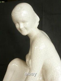 Ceramic Craquelee Art Deco Young Woman Signed G. Ninin 1930 Beautiful State