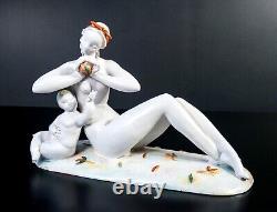 Ceramic Sculpture by Eugenio Poquet from the 1920s Art Deco Period: Nude Woman and Child