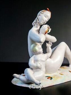 Ceramic Sculpture by Eugenio Poquet from the 1920s Art Deco Period: Nude Woman and Child