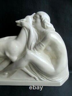 Cracked Ceramic Sculpture Art Deco Woman And A Deer Signed Fontinelle