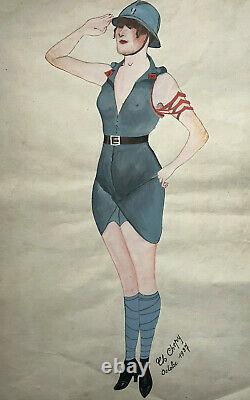 Curiosa Woman Soldier Aquarelle Drawing Chepy Erotic Art Deco Painting 1927
