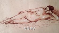Curious Large Original Nude Female Sanguine Portrait Art Deco 1940