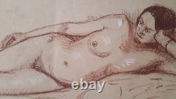 Curious Large Original Nude Female Sanguine Portrait Art Deco 1940