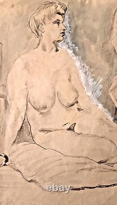 Curious original Art Deco mixed media technique female nude signed portrait of a woman