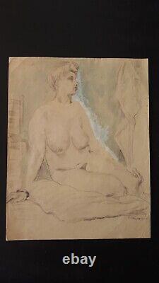 Curious original Art Deco mixed media technique female nude signed portrait of a woman