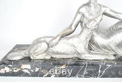D H Chiparus, Women Sitting In Barzoi, Silver Bronze Signed, Art Deco, Xxth Century