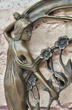 Detailed Art Deco Woman With Flower Base Rescue In Genuine Bronze Sculpture By