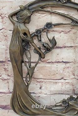 Detailed Art Deco Woman With Flower Base Rescue In Genuine Bronze Sculpture By